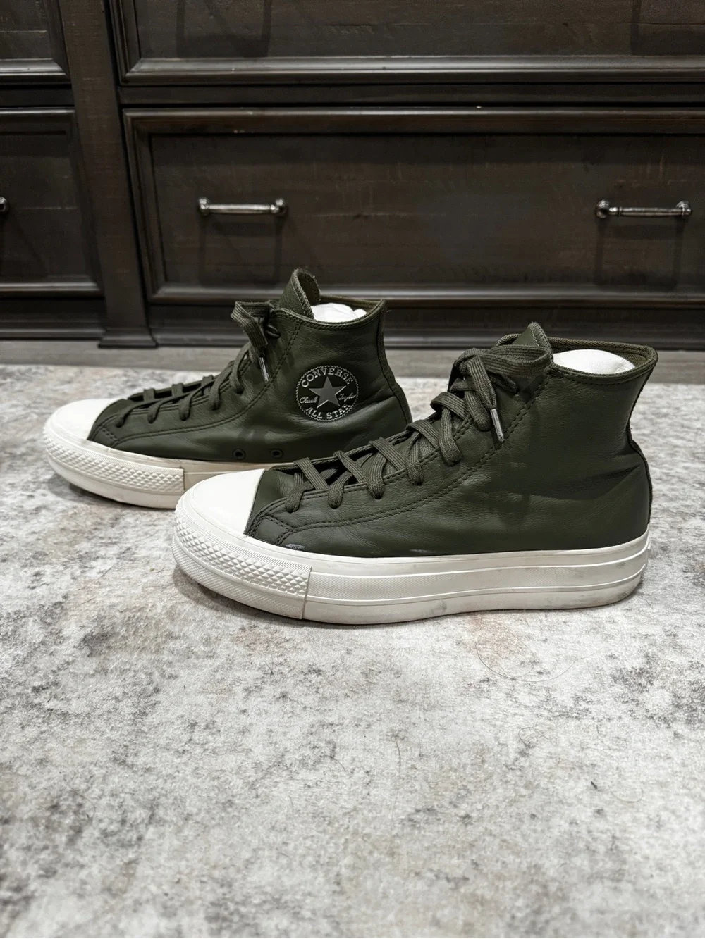 Converse High Top Platform Sneakers in Olive Green and White - Picture 2 of 6